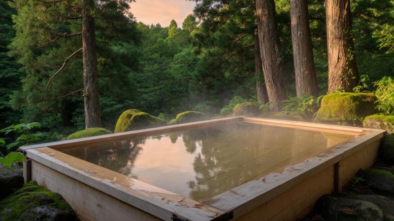 An empty wooden bath in the trees